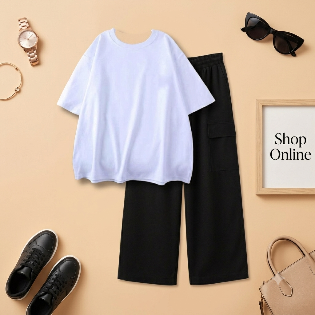 WHITE TSHIRT WITH BLACK CARGO TROUSER