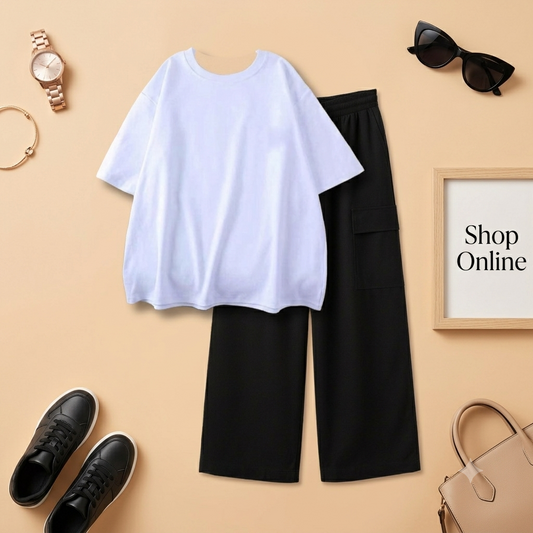 WHITE TSHIRT WITH BLACK CARGO TROUSER