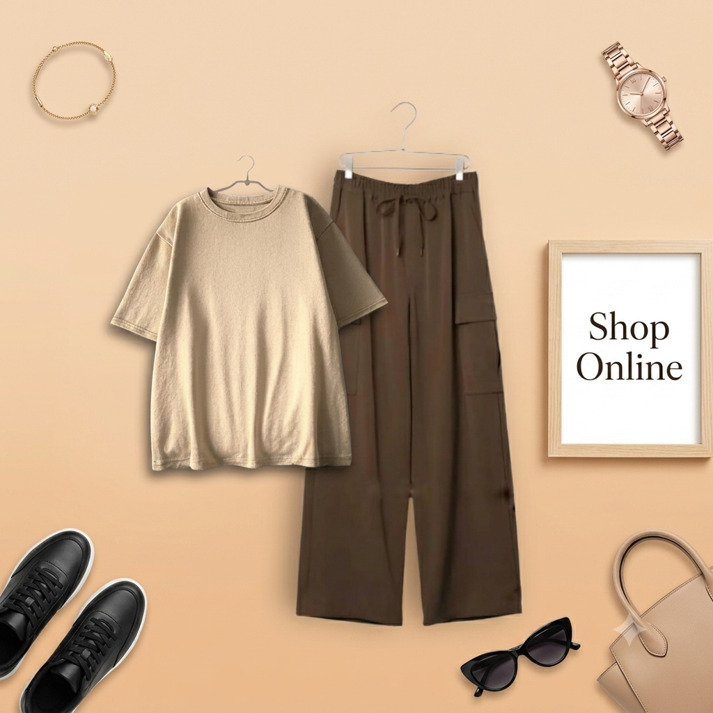 BEIGE TSHIRT WITH BROWN CARGO TROUSER