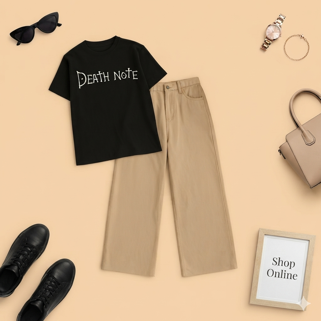 BLACK TSHIRT DEATH NOTE WITH BEIGE WIDE LEG JEANS