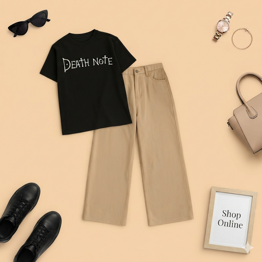 BLACK TSHIRT DEATH NOTE WITH BEIGE WIDE LEG JEANS