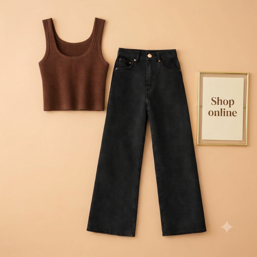 BROWN TANK TOP WITH BLACK WIDE LEG JEANS