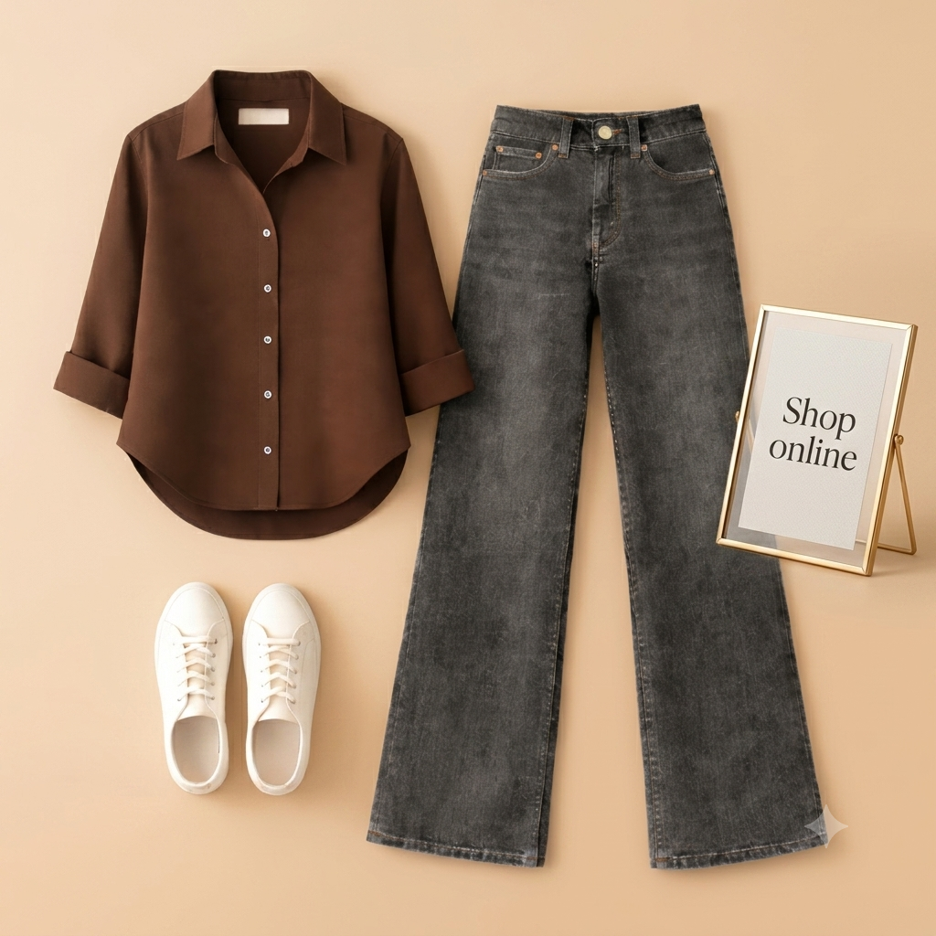 BROWN BUTTON SHIRT WITH BLACK MALAYSIAN WIDE LEG JEANS