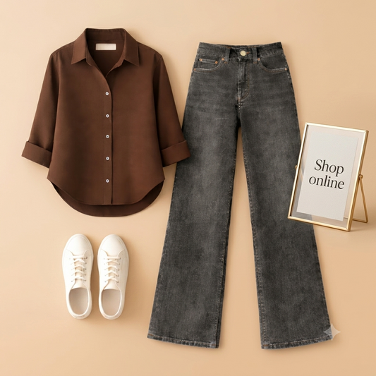 BROWN BUTTON SHIRT WITH BLACK MALAYSIAN WIDE LEG JEANS