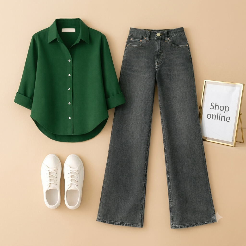 DARK GREEN BUTTON SHIRT WITH BLACK MALAYSIAN WIDE LEG JEANS