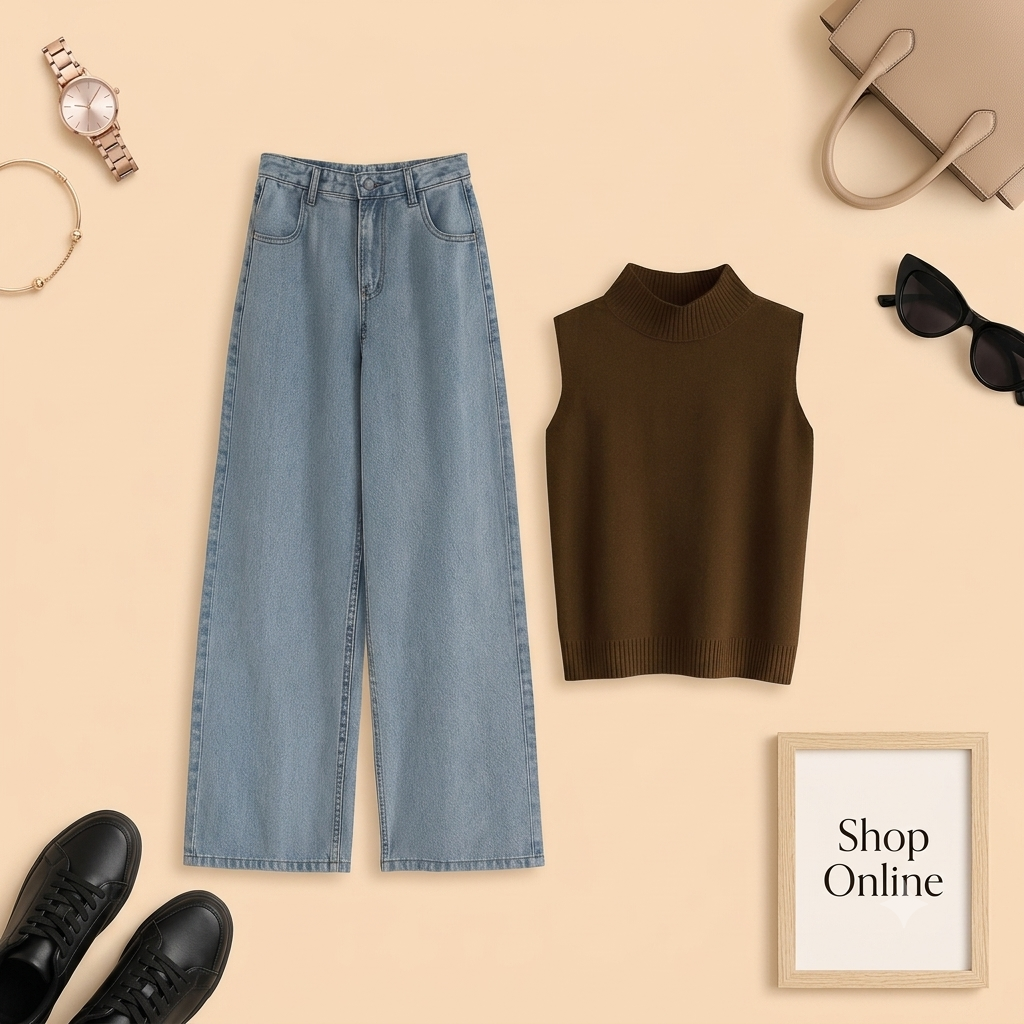 COFFE BROWN TANK TOP WITH ICE BLUE WIDE LEG
