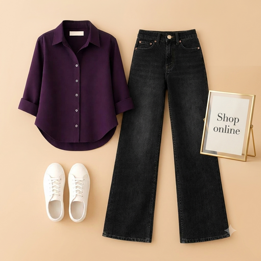 PURPLE BUTTON SHIRT WITH BLACK WIDE LEG JEANS