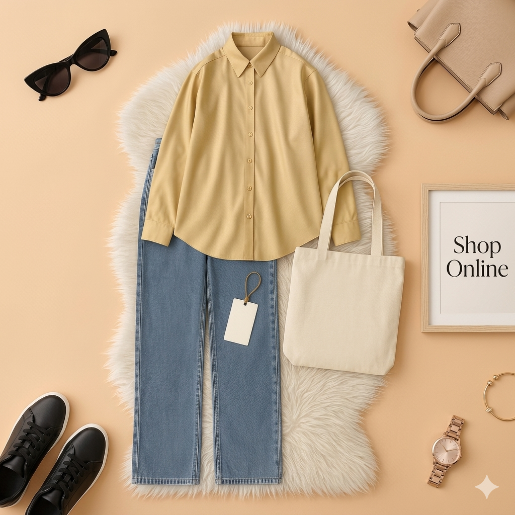 BEIGE BUTTON DOWN SHIRT WITH SKY BLUE WIDE LEG JEANS