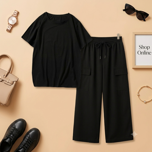 BLACK TSHIRT WITH BLACK CARGO TROUSER