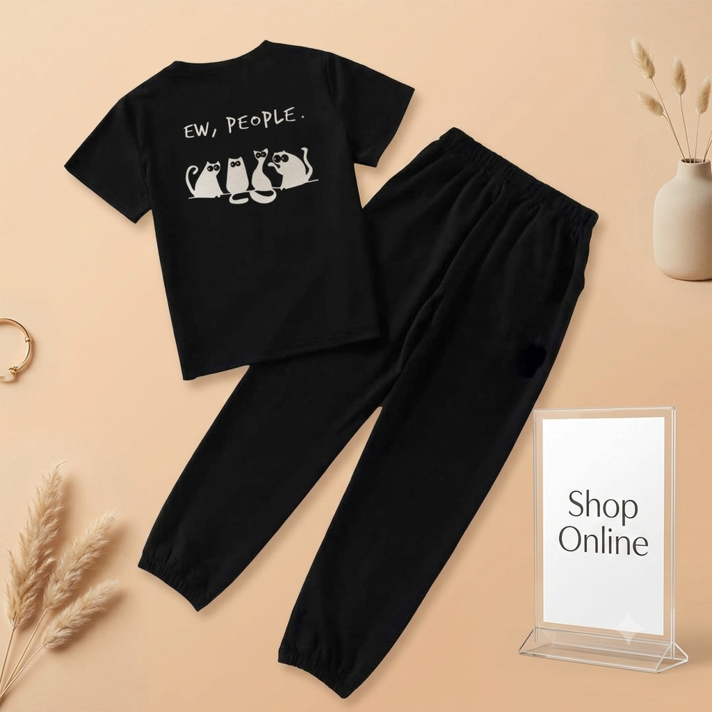 BLACK TEE EWW PEOPLE CATS WITH TROUSER