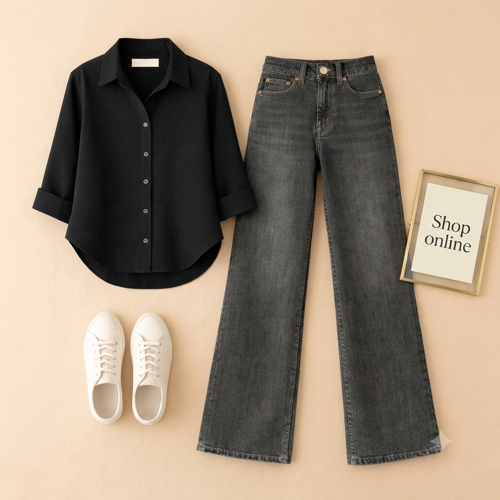 BLACK BUTTON SHIRT WITH BLACK MALAYSIAN WIDE LEG JEANS