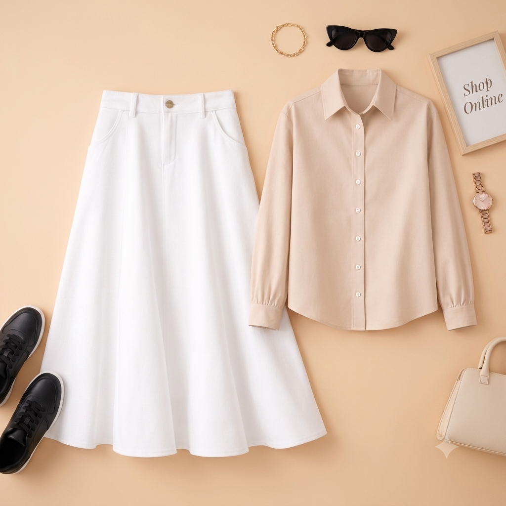 BEIGE BUTTON DOWN WITH WHITE TWILL LONG SKIRT