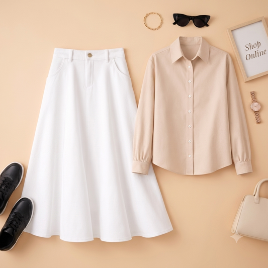 BEIGE BUTTON DOWN WITH WHITE TWILL LONG SKIRT