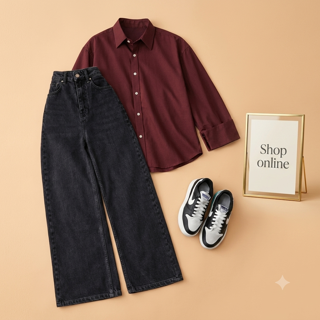 MAROON BUTTON SHIRT WITH BLACK WIDE LEG JEANS