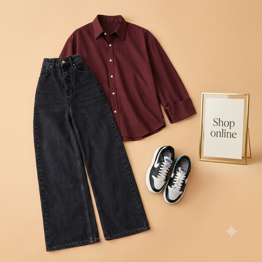 MAROON BUTTON SHIRT WITH BLACK WIDE LEG JEANS