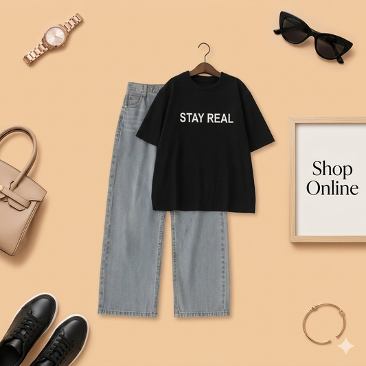 BLACK STAY REAL TSHIRT WITH ICE BLUE WIDE LEG JEANS