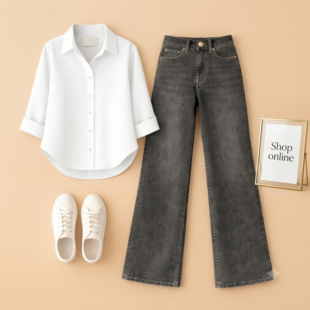 WHITE BUTTON SHIRT WITH BLACK MALAYSIAN WIDE LEG JEANS