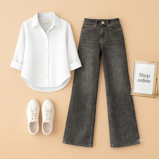WHITE BUTTON SHIRT WITH BLACK MALAYSIAN WIDE LEG JEANS