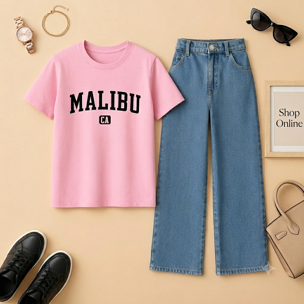 PINK TSHIRT MALIBU WITH MID BLUE WIDE LEG JEANS