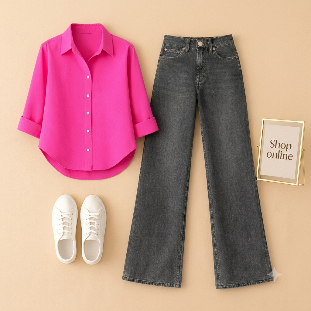 BABY PINK BUTTON SHIRT WITH BLACK MALAYSIAN WIDE LEG JEANS