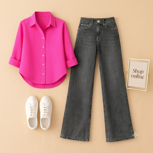 BABY PINK BUTTON SHIRT WITH BLACK MALAYSIAN WIDE LEG JEANS