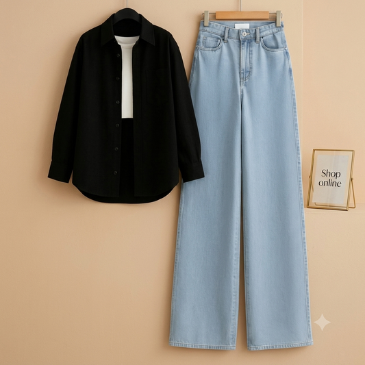 BLACK GREEN BUTTON DOWN SHIRT WITH WHITE INNER AND SKY BLUE WIDE LEG JEANS