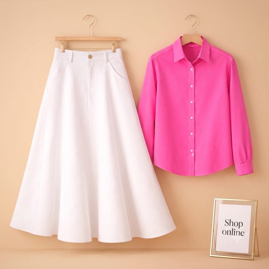 SHOCKING PINK BUTTON DOWN WITH WHITE TWILL LONG SKIRT