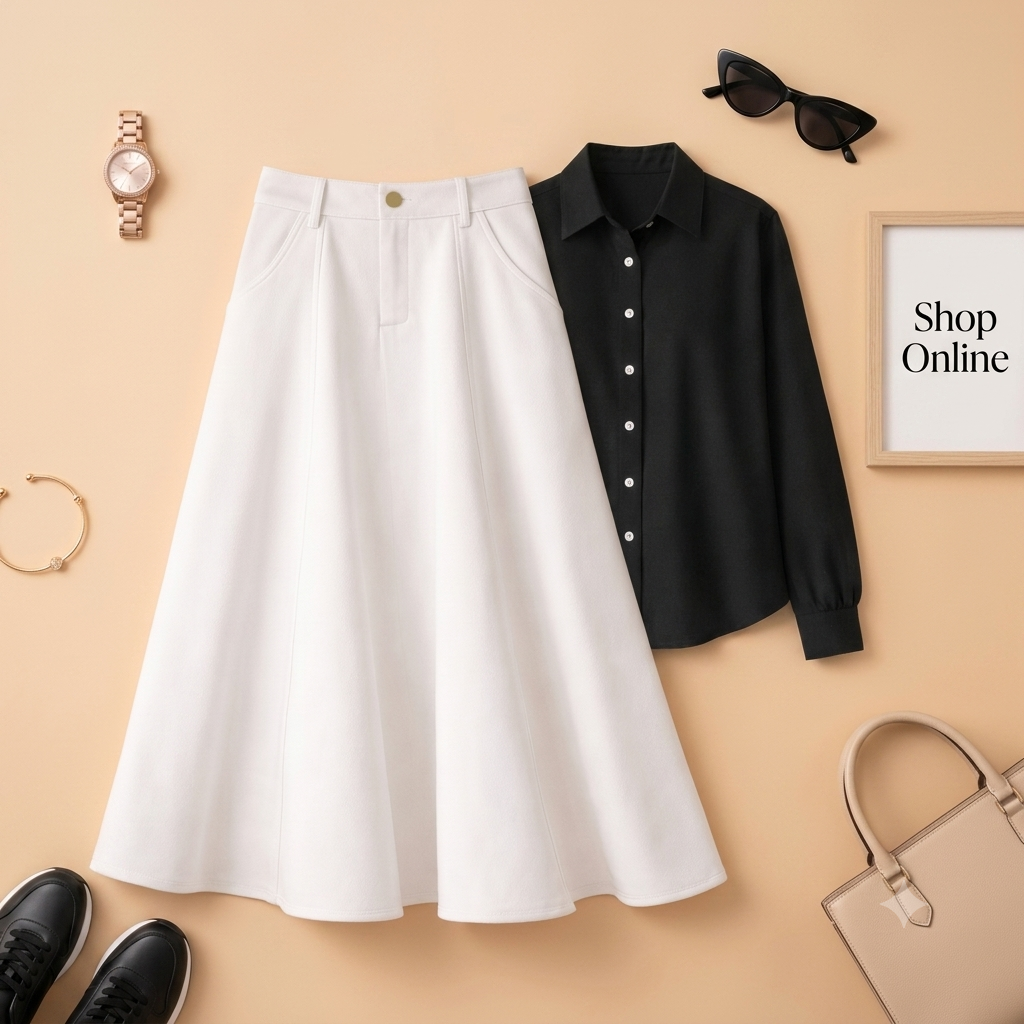 BLACK BUTTON DOWN WITH WHITE TWILL LONG SKIRT