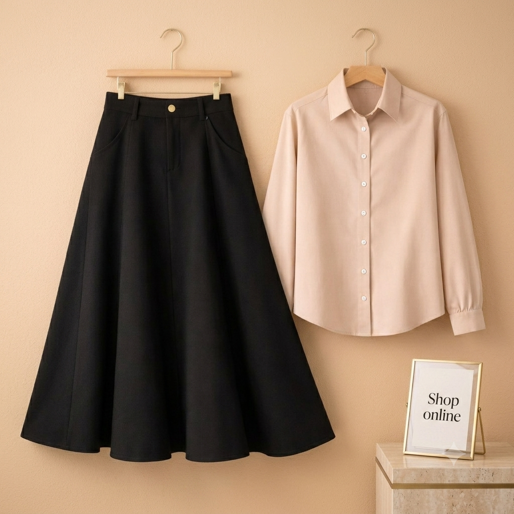BEIGE BUTTON DOWN WITH BLACK TWILL LONG SKIRT