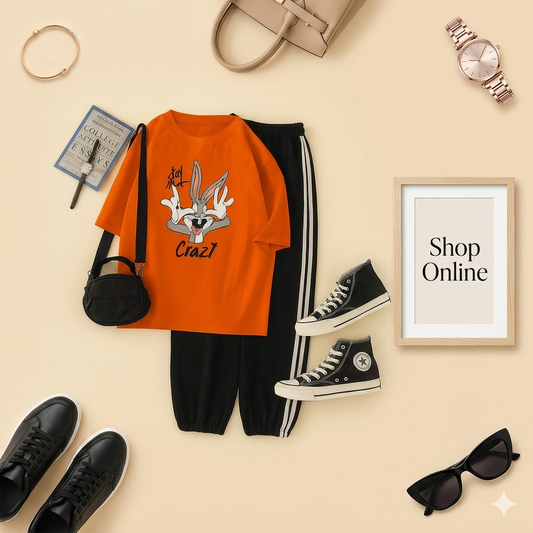 ORANGE TSHIRT STAY CRAZY WITH 3 STRIPES TROUSER