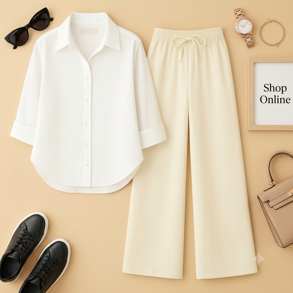 WHITE BUTTON SHIRT WITH BEIGE FLAPPER
