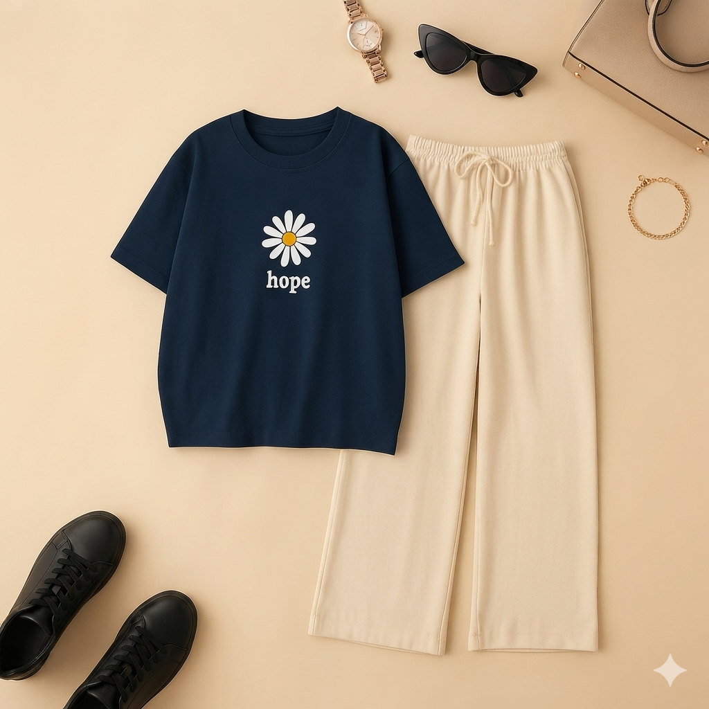 HOPE SUNFLOWER NAVY BLUE TSHIRT WITH BEIGE FLAPPER