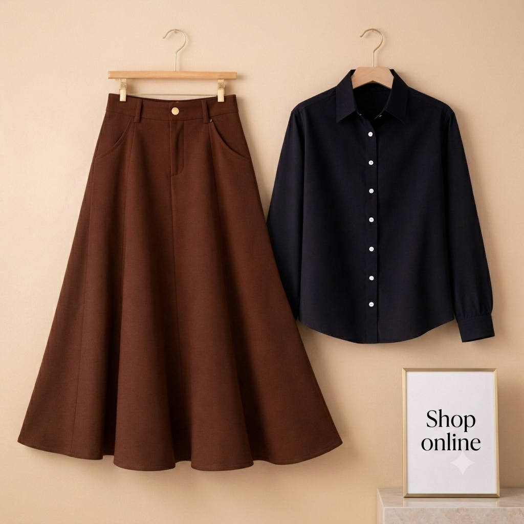 BLACK BUTTON DOWN WITH BROWN TWILL LONG SKIRT