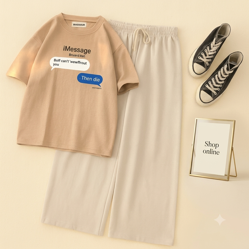 BIEGE TSHIRT TEXT MESSAGE WITH BEIGE FLAPPER