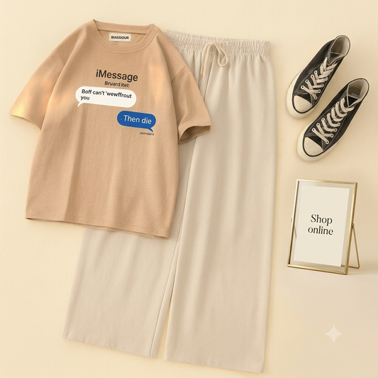 BIEGE TSHIRT TEXT MESSAGE WITH BEIGE FLAPPER