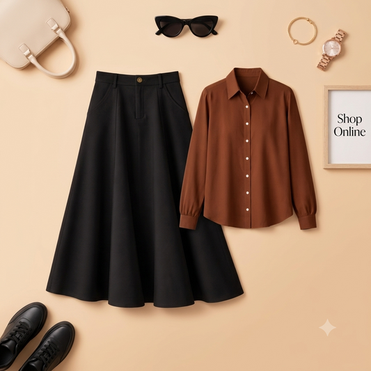 BROWN BUTTON DOWN WITH BLACK TWILL LONG SKIRT