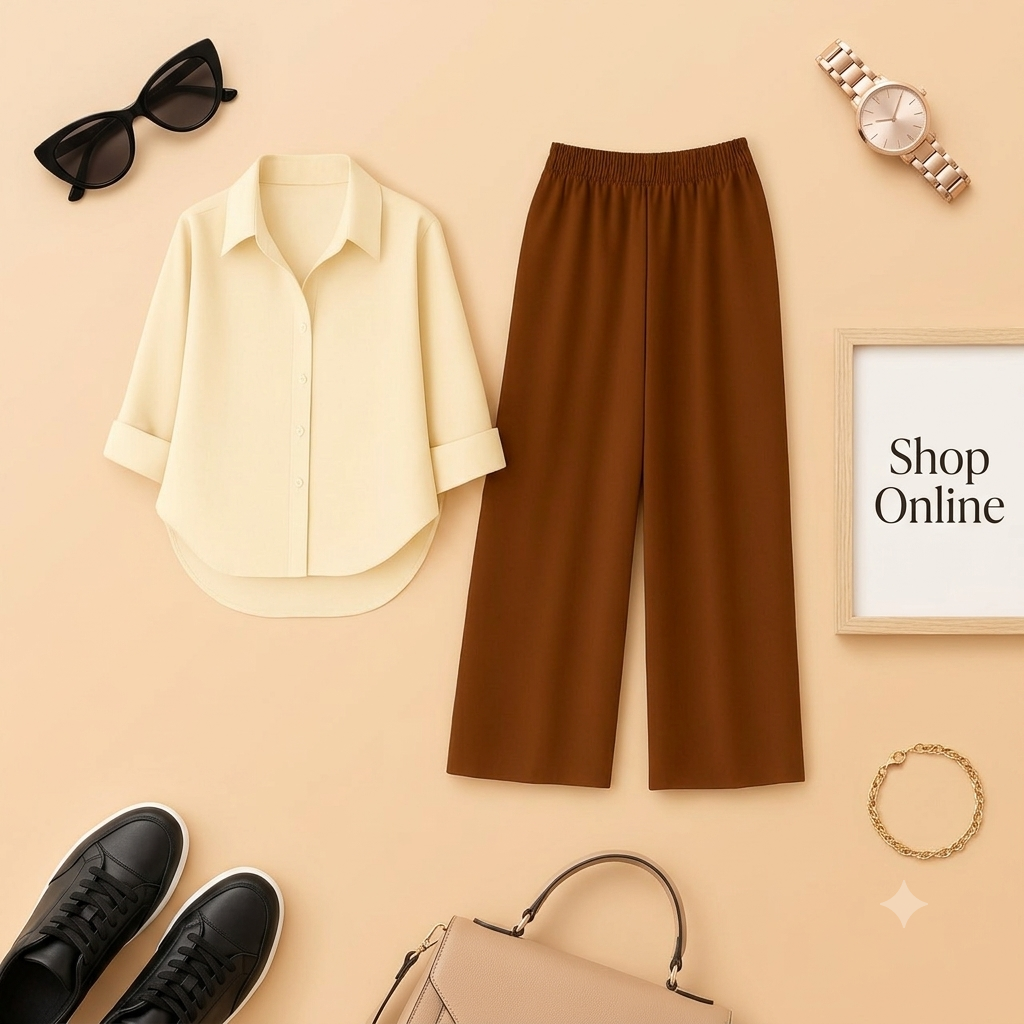 BEIGE BUTTON SHIRT WITH BROWN FLAPPER