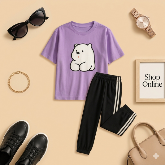 LILAC TSHIRT BIG ICE BEAR WITH 3 STRIPES TROUSER