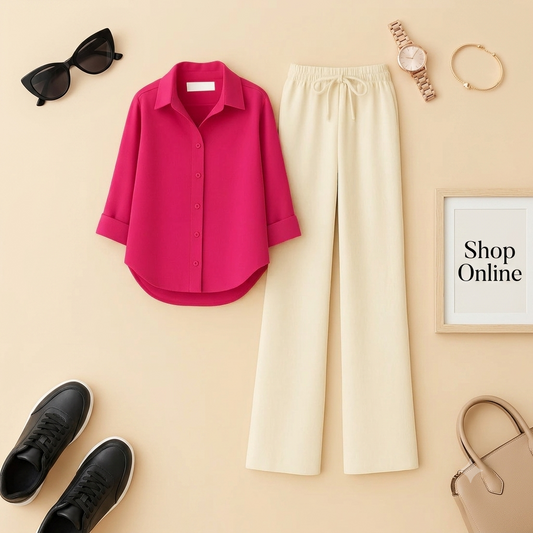 SHOCKING PINK BUTTON SHIRT WITH BEIGE FLAPPER