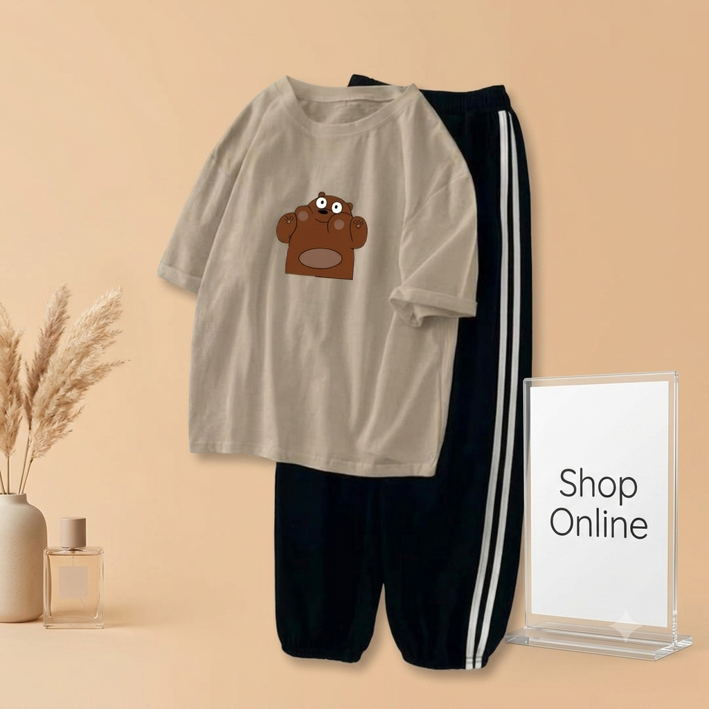 CREAM TEE BROWN BEAR WITH 3 STRIPE TROUSER