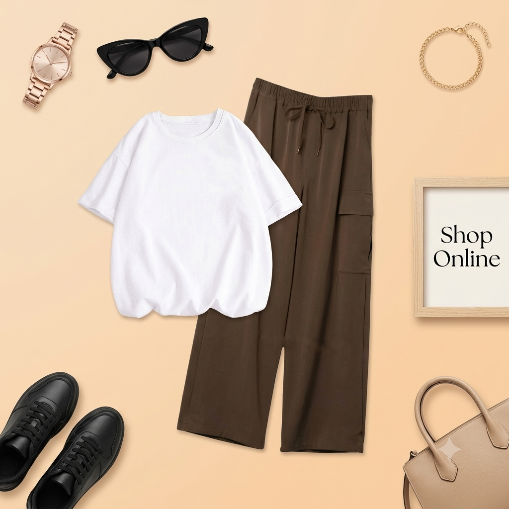 WHITE TSHIRT WITH BROWN CARGO TROUSER
