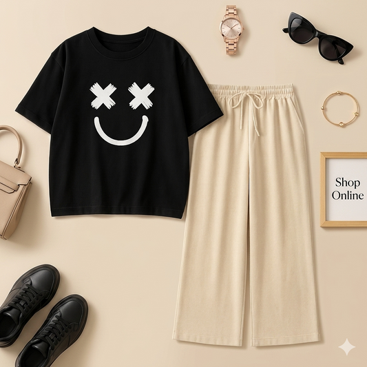 X FACE BLACK TSHIRT WITH BEIGE FLAPPER