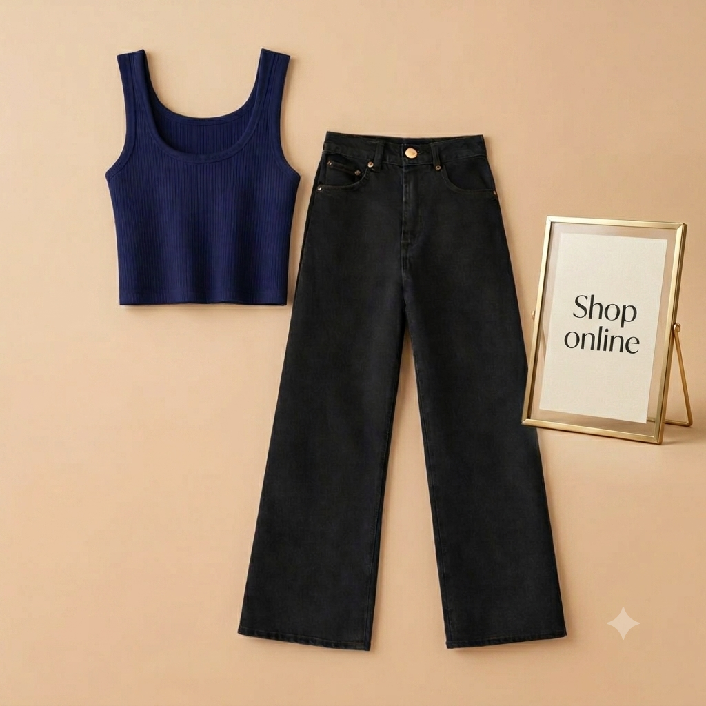 BLUE TANK TOP WITH BLACK WIDE LEG JEANS