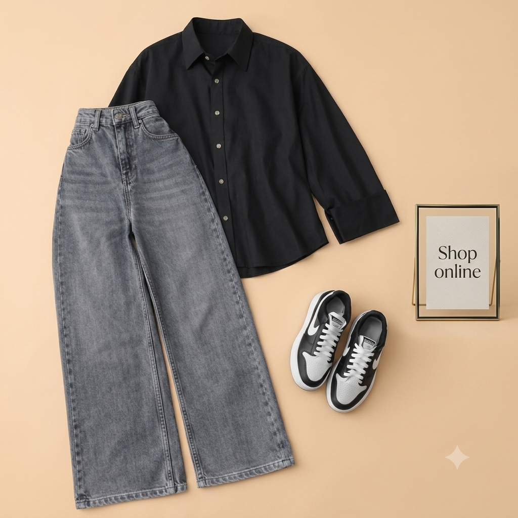 BLACK BUTTON SHIRT WITH CHARCOAL WIDE LEG JEANS