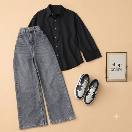 BLACK BUTTON SHIRT WITH CHARCOAL WIDE LEG JEANS