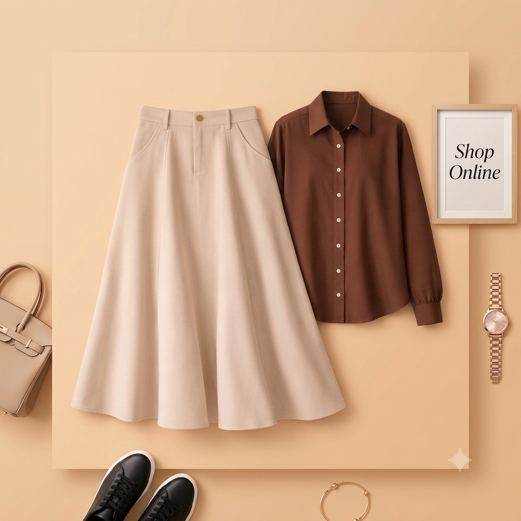 BROWN BUTTON DOWN WITH BEIGE TWILL LONG SKIRT