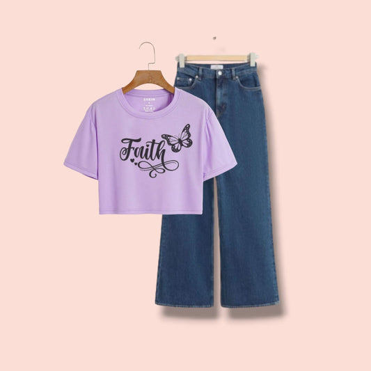LILAC CROP TEE FAITH BUTTERFLY-DARK BLUE WIDE LEG JEANS