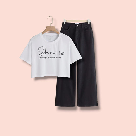 WHITE CROP TEE SHE IS STRONG-BLACK WIDE LEG JEANS