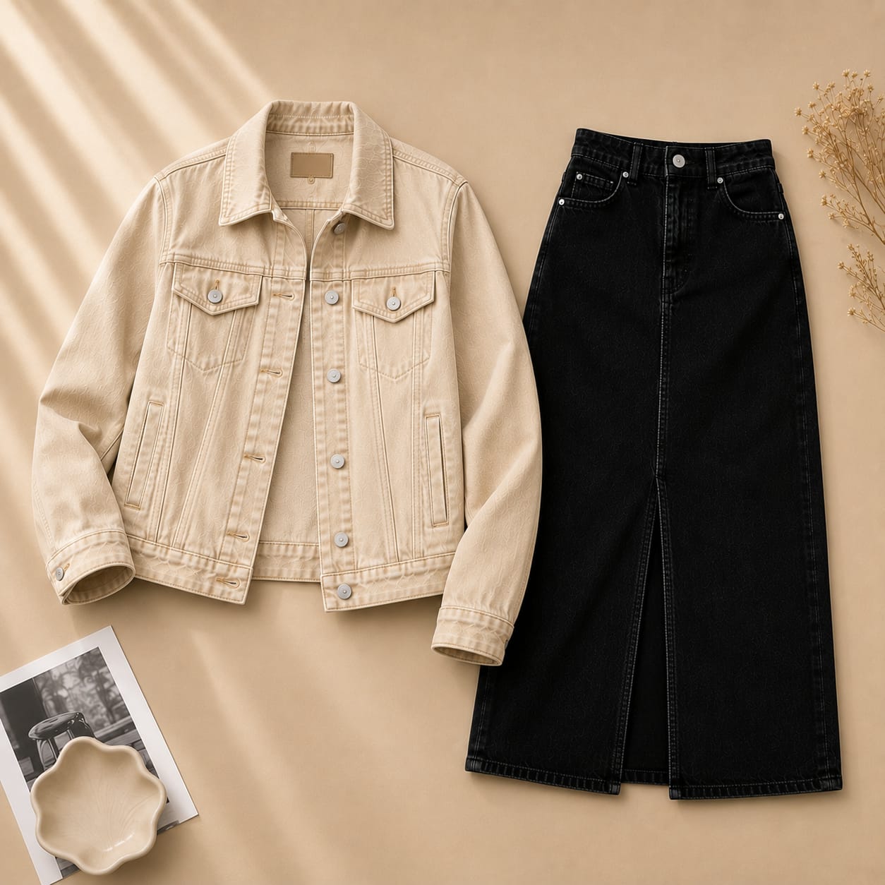 Beige Denim Jacket & Black Maxi Denim Skirt Set