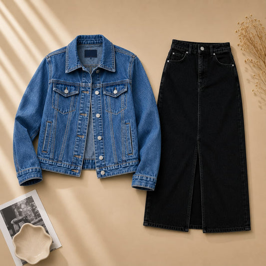 Medium Blue Denim Jacket & Black Maxi Denim Skirt Set